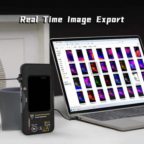Dual Light Fusion Thermal Imager Multimeter Pro Grade with laptop showing thermal images, date recorder connected