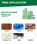 Image showing recommended materials including wood, plastic, masonry, ceramic tile, glass, and marble for Straight Up Pro Grade 12 Piece Drill Bit Set With Quick Fit Hex Shank And Ph2 Screwdriver For Porcelain Tile Ceramic Granite Marble Glass And Concrete No Sweat Drilling And Badass Grip.