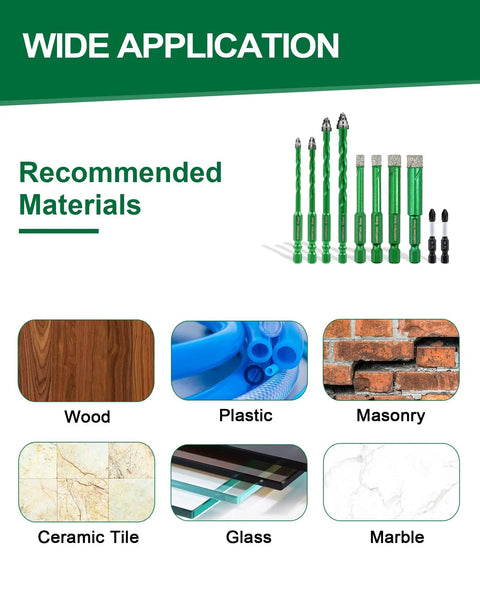 Image showing recommended materials including wood, plastic, masonry, ceramic tile, glass, and marble for Straight Up Pro Grade 12 Piece Drill Bit Set With Quick Fit Hex Shank And Ph2 Screwdriver For Porcelain Tile Ceramic Granite Marble Glass And Concrete No Sweat Drilling And Badass Grip.