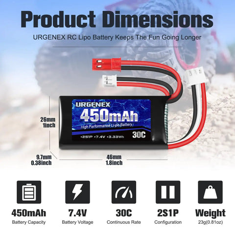 7.4V LiPo Battery 2S 30C 450mAh Rechargeable for Axial SCX24 dimensions with JST PH2.0 connectors