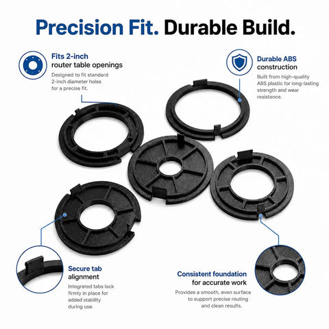 Drop The Mic 5 Pack 2 Inch Router Table Insert Rings Ultra Premium Abs Construction Fast Mount For Sears Craftsman Workbenches Dope Woodshop Gear Black - five black insert rings showing precise 2-inch fit and durable ABS design.