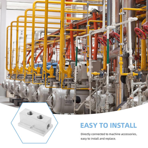 Pneumatic system with a T Type Air Manifold Block 4 Port Flow Divider and machinery background for easy install.