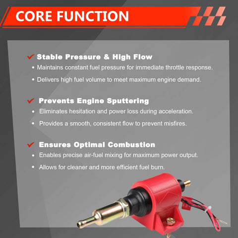 Beefy 12V Fuel Pump Delivers Five To Nine PSI At Thirty Five GPH For Gasoline And Diesel Engines illustration with features description.