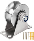 Beefy Stainless Steel Wall Mounted Rope Pulley Wheel 1 Pack For Gym Equipment And Sliding Gates U Type Block With Detachable Duplex Bearing Super Silent Cable Pulley System Screws Included, showing a solid stainless steel pulley with mounting holes and included screws