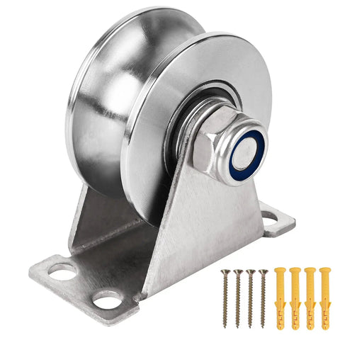 Beefy Stainless Steel Wall Mounted Rope Pulley Wheel 1 Pack For Gym Equipment And Sliding Gates U Type Block With Detachable Duplex Bearing Super Silent Cable Pulley System Screws Included, showing a solid stainless steel pulley with mounting holes and included screws