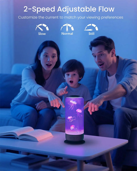 Jellyfish Lamp With 7 Color Changing LEDs Realistic Floating Tank Aquarium Night Light on table with family watching