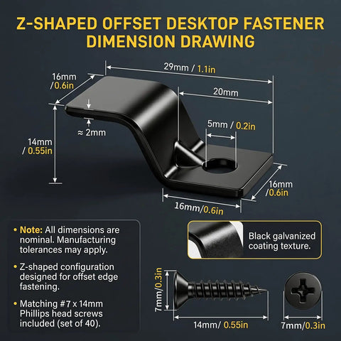 Hella Sturdy Zinc Plated Table Top Fasteners And Z Clips Black 40 Pack dimension drawing showing Z-shaped fastener details.