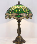 Green Tiffany Style Stained Glass Dragonfly Bedside Table Lamp For Reading And Cozy Vibes Decor, 12x12x18 Inches