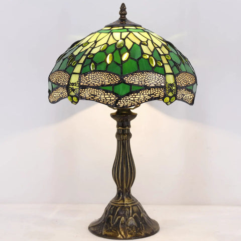 Green Tiffany Style Stained Glass Dragonfly Bedside Table Lamp For Reading And Cozy Vibes Decor, 12x12x18 Inches