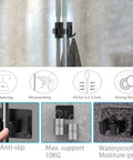 Mop Broom Holder Wall Mount With Shelf And Hooks Self Adhesive Sturdy showing anti-slip and waterproof features in bathroom.