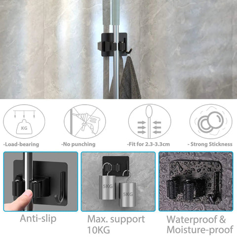 Mop Broom Holder Wall Mount With Shelf And Hooks Self Adhesive Sturdy showing anti-slip and waterproof features in bathroom.
