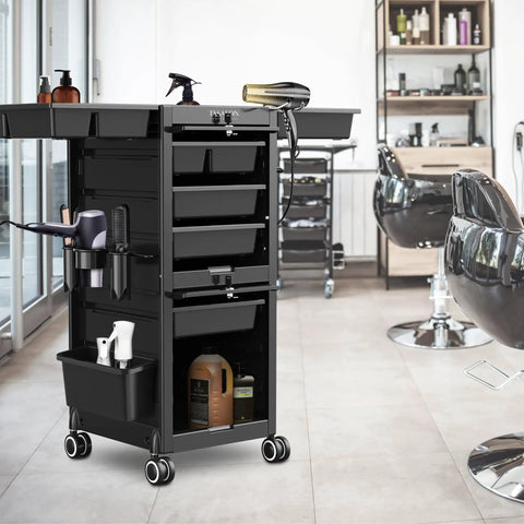 Six Drawer Rolling Salon Cart With Lockable Wheels 360 Degree Swivel Adjustable Divider Storage For Tools Black in salon