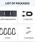 Package of Foldable 30W Solar Panel Charger with IP65 Waterproof ETFE Panel, Type-C wire, hooks, and user manual.