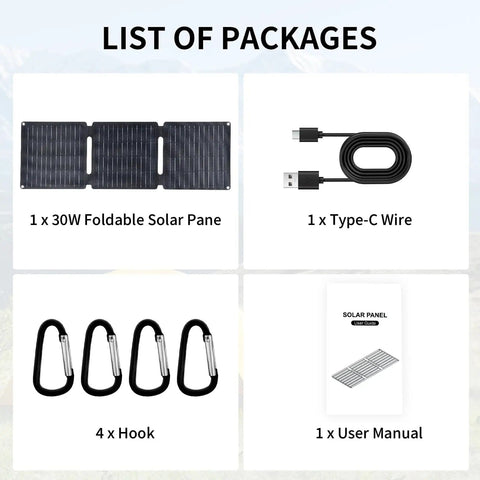 Package of Foldable 30W Solar Panel Charger with IP65 Waterproof ETFE Panel, Type-C wire, hooks, and user manual.