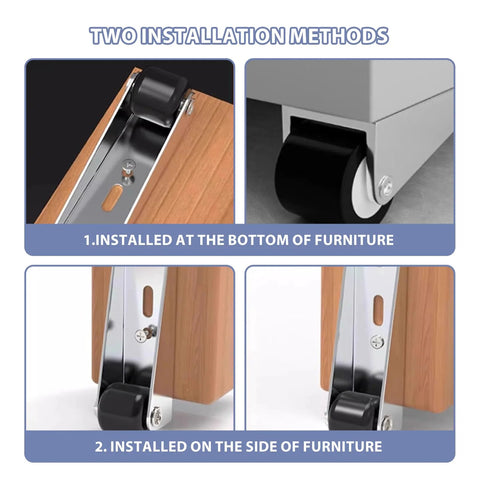 4 Pack Door Droop Support Wheels Set For Sliding Doors Cabinets And Furniture Stability Stainless Steel And Nylon Bottom Track Pulleys shown in two installation methods.