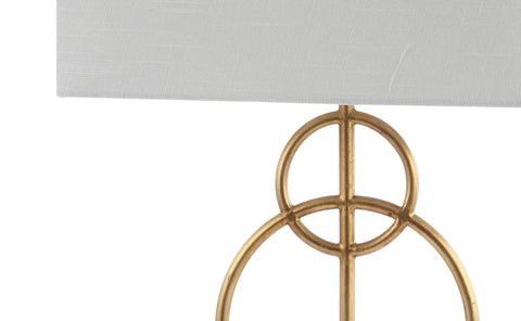 Close-up of 26 Inch Gold Leaf And White Marble Modern Circle LED Table Lamp With White Linen Shade For Living Room Glam Transitional Metal Desk Light LED Bulb Included showing gold circle design.