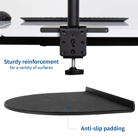 Heavy Duty Steel Reinforcement Bracket And Mount Plate For Glass Or Thin Desks Secures C Clamp Monitor Arm with anti-slip padding detail.