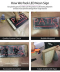How We Pack LED Neon Sign showing quality check, bubble wrap, accessories, and taped edges for safe shipment.