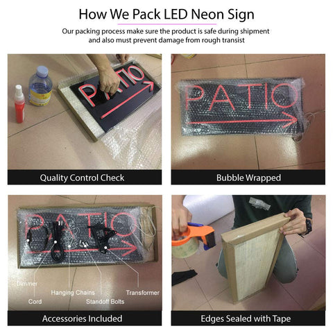 Packaging process for LED neon sign showing quality control, bubble wrap, included accessories, and sealed edges with tape.