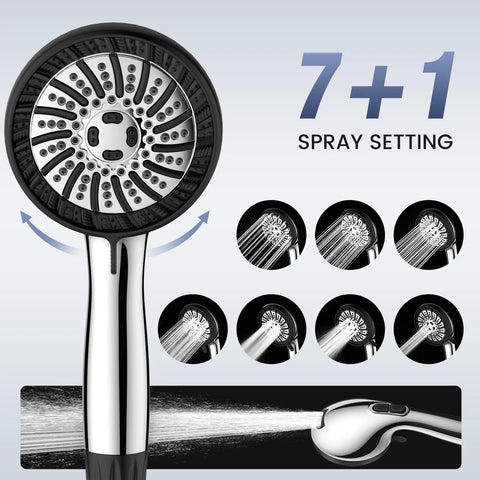 High Pressure Handheld Shower Head With Eight Modes Built In Filtered Water Softener Anti Clog Nozzles 60 Inch Stainless Steel Hose