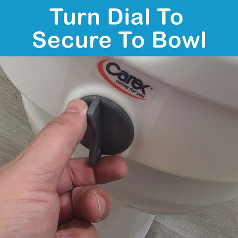 Hand turning dial on Raised Toilet Seat With Handles Five Inch Riser With Arms For Seniors Safe Stable Comfort Up To 300 Lb Capacity E Z Lock Base Handicap Elevated Toilet Seat.
