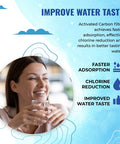 Smiling person drinking water with text promoting improved taste using Replacement 5 Stage Under Sink Reverse Osmosis Filter Set For Puroflo 550 Quick Change System With 50 GPD Membrane Yearly Replacement Kit For Clean Water At Home Your Fam Will Appreciate.