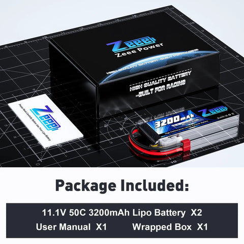 3S 11.1V 3200mAh 50C RC Lipo Battery Pack With Soft Case And T Connector For RC Planes Helis Cars Trucks Boats UAV Drones FPV 2 Pack Great For Quick Replacements displayed with packaging and manual