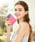 Woman holding vibrant pink Credit Card Holder For Women Slim Minimalist Front Pocket RFID Blocking Wallet Small Compact Card Case With ID Window.