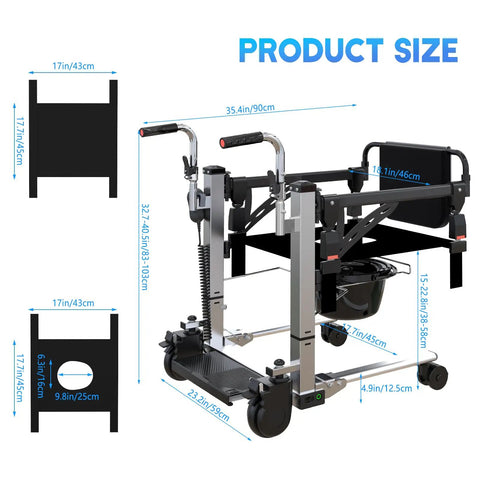 Super Solid Electric Patient Lift With Heavy Duty Stainless Steel Frame Smooth Power Transfer For Seniors Size and dimensions diagram.