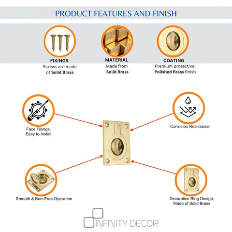 Polished Brass Flush Ring Pull Handle 60mm By 50mm features, solid brass material, screws, corrosion resistance, decorative design.