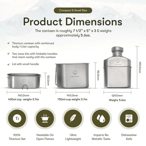 Titanium Canteen Mess Kit With 1100ml Capacity 37oz Includes 750ml And 400ml Stackable Cups MOLLE Carry Case With Adjustable Straps Camouflage Travel Set For Hiking And Camping Gear product dimensions chart