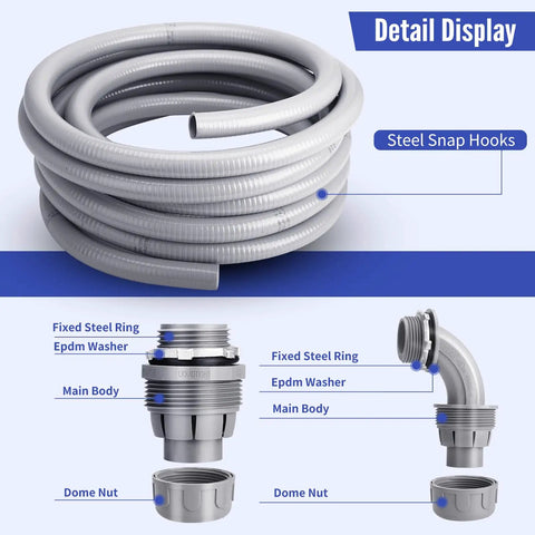 Liquid Tight Conduit Kit One And A Half Inch 25 Feet Flexible Non Metallic PVC Electrical Conduit And Connector Set With Five Straight And Three Ninety Degree Fittings Smooth Interior For Easy Wire Pulling displayed with detail labels.