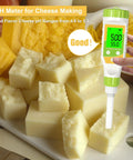 Pro Grade Food pH Meter With Backlit LCD And ATC used for testing cheese pH, showing reading on green LCD display.