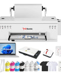 A3 DTF Printer R1390 Upgrade with curing oven, laptop, and ink bottles for apparel customization with white ink circulation and auto clean