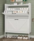 Space Saving Shoe Cabinet With Two Flip Drawers And Adjustable Shelf, Narrow White Shoe Organizer That Holds 16 Pairs Or More