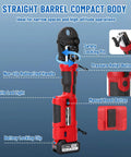 Professional 18V Cordless Pipe Crimping Tool With Four Interchangeable Jaws And A Smooth 180 Swivel Head showcasing non-slip handle and features.