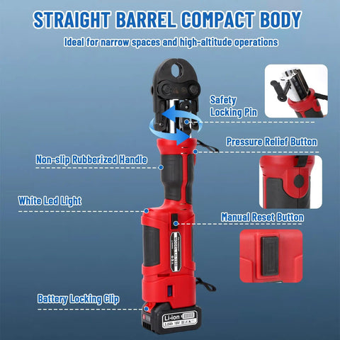 Professional 18V Cordless Pipe Crimping Tool With Four Interchangeable Jaws And A Smooth 180 Swivel Head showcasing non-slip handle and features.