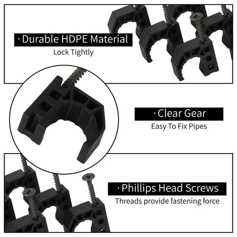 Front view of 50-pack black 1/2-inch J-hook half clamps with Phillips screws for PEX, copper, and CPVC tubing