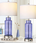 Set Of 2 Blue Glass Table Lamps 26 Inches Tall With White Shade, Touch Control And USB Ports, Dope Modern Coastal Nightstand Lighting
