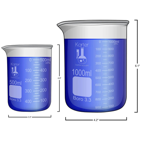 Diagram of 500ml and 1000ml beakers from Beaker Set With Zinc Plated Tongs Five Sizes 50, 100, 250, 500, 1000ml Borosilicate Glass