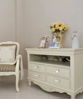 Slick Vintage White Ceramic Cabinet Knob Set Four Piece Single Hole Drawer Pulls Premium Zinc Alloy Base on a cream-colored dresser.