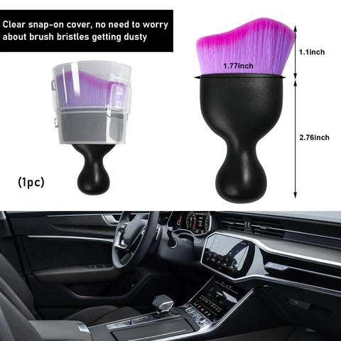 Curved Car Detailing Brush With Soft Bristles For Dashboard And Air Vents, shown with protective cover and measurement details
