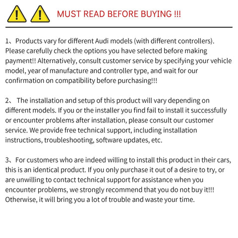 Warning notice on compatibility for Wireless CarPlay Android Auto Retrofit Kit Decoder Box for Audi models.