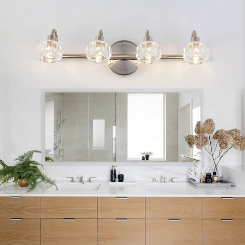 Modern 4 Light Bathroom Vanity Light Over Mirror With Crystal Glass Shade LED Wall Fixture above wooden vanity.
