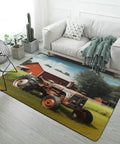 Farm Tractor Bath Mat With Soft Coral Fleece, Ultra Absorbent Kitchen And Bathroom Rug featuring rustic farm scene in living room.