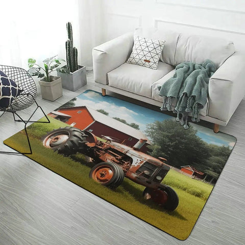 Farm Tractor Bath Mat With Soft Coral Fleece, Ultra Absorbent Kitchen And Bathroom Rug featuring rustic farm scene in living room.