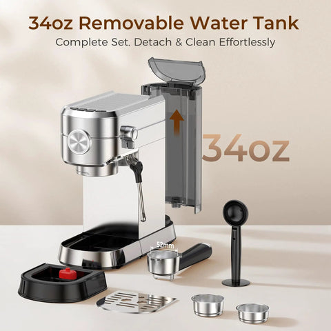 20 Bar Espresso Machine, Compact Coffee Maker With Steam Milk Frother, Stainless Steel Coffee Machine With 34oz Removable Water Tank