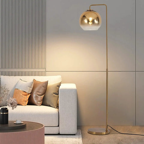 Gradient Gold Floor Lamp With Glass Globe LED Standing Light In Modern Mid Century Style Tall Pole Accent Lighting