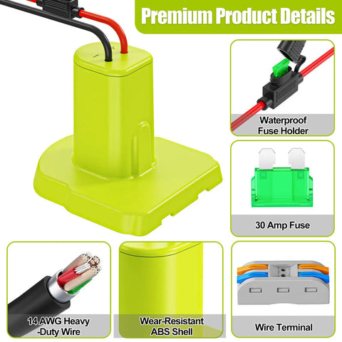 Beefed-Up 18V Power Wheel Adapter with 30A Fuse and Silicone Copper Wiring for DIY Robotics, shown with detailed components