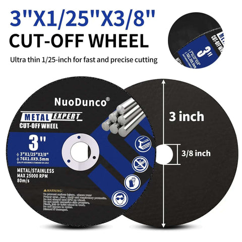 Image of a Three Inch Cut Off Wheel Kit With One Quarter Inch Stem Mandrel for Metal and Stainless Steel Cutting, featuring 3-inch size and 3/8-inch bore.